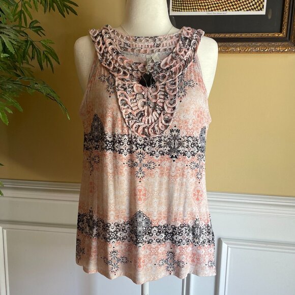 Cato Size M Pink Black White Top Sleeveless Loose Crochet Neckline - Picture 3 of 6